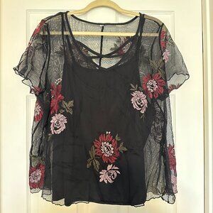 Black Floral Embroidery Mesh Short Sleeve Top Plus Size